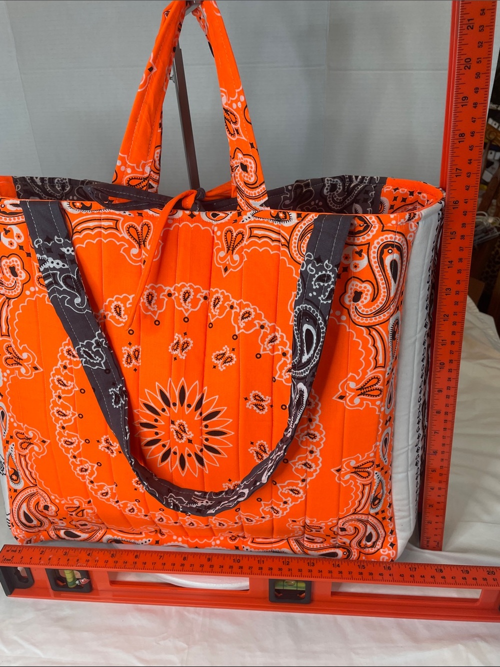 Orange gray bandanna Quilted Tote Bag- handmade - Picture 10 of 14